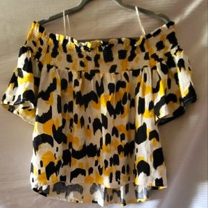 Black/Yellow/White smocked Bardot top  over the shoulder
